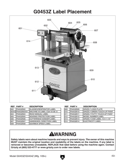 Parts for G0454Z 20