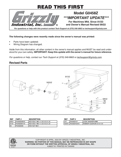 Parts for G0458Z 18