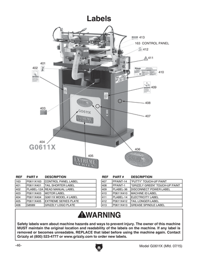 Part Diagram for G0611X