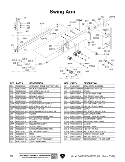 Parts for G0623X3 10