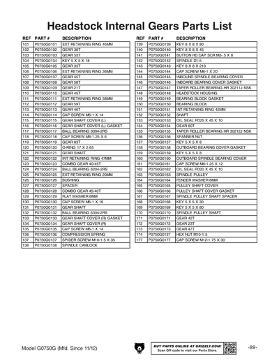 Part Diagram for G0750G