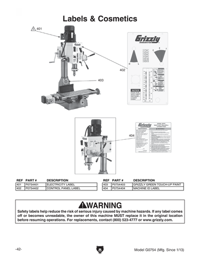 Parts for G0754 8