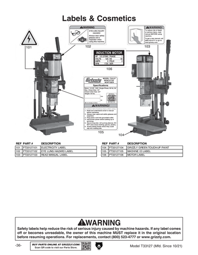 MELLページ Parts for T33127 1/2 HP Benchtop Hollow-Chisel Mortiser - Grizzly
